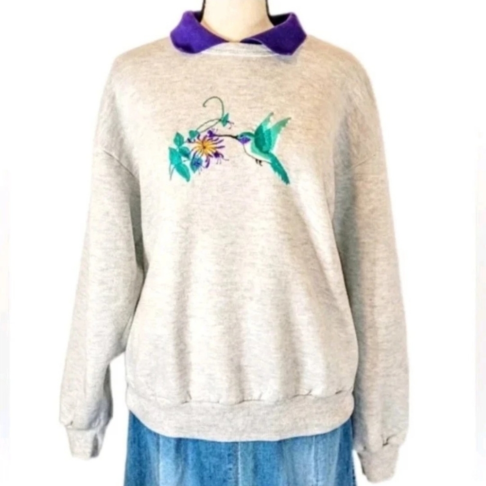 Vintage Jerzees Collared Sweatshirt Hummingbird Embroidered Cottagecore Granny M